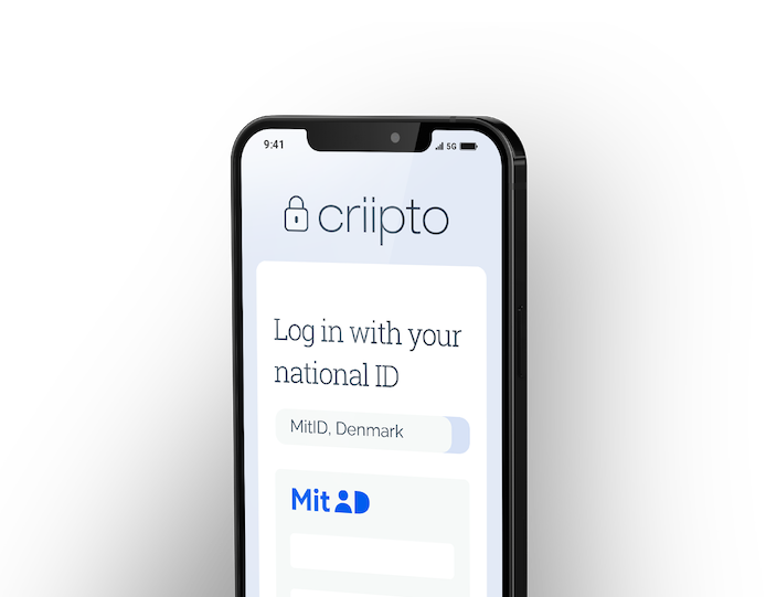 Blue logo showing MitID as a national e-ID on a mobile phone